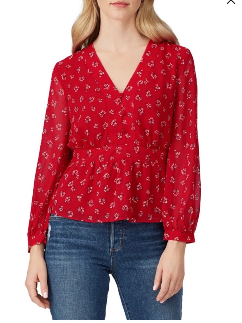 Madewell Red Floral V-Neck Peplum Blouse in Little Lilies